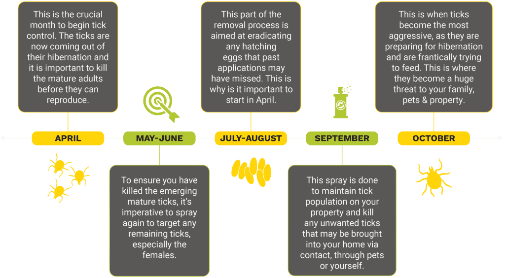 Infographic of a timeline on tick control in Suffolk County, NY, from April to October. It includes tips for each period: April focuses on killing ticks before reproduction, May-June advises targeting females, July-August emphasizes eradication, and September-October on maintaining control.