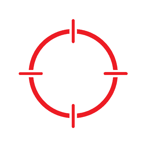A red crosshair symbol on a black background, featuring a circular outline with four symmetrical radial lines pointing inward, evokes the precision required in effective pest control in Suffolk County NY.