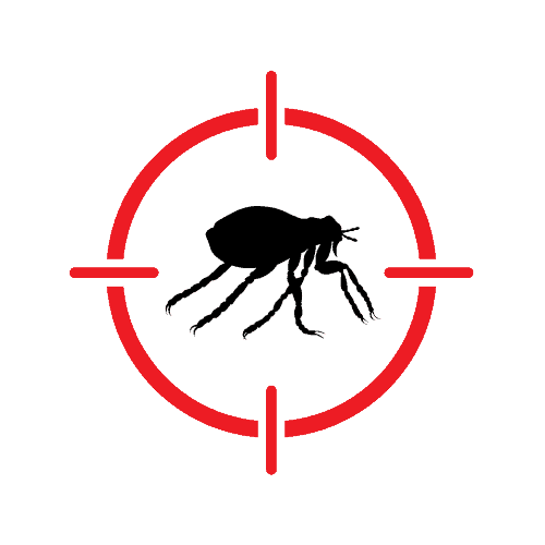 Red crosshair symbol on a black background, consisting of a circle with intersecting horizontal and vertical lines, reminiscent of precision tools used for pest control in Suffolk County NY.