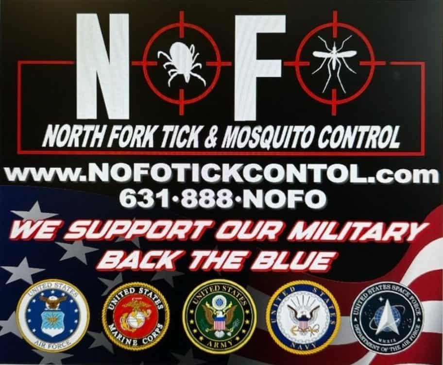 Logo for North Fork Tick & Mosquito Control featuring tick and mosquito icons. Includes contact info and website. States "We support our military" and "Back the blue" with emblems for Army, Navy, Air Force, Marine Corps, and Special Forces—your go-to for pest control in Suffolk County, NY.