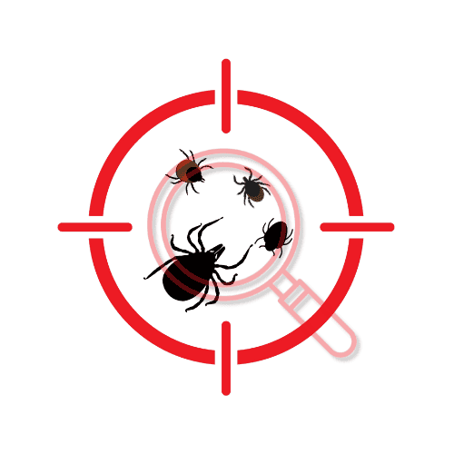 A red target symbol is centered on a magnifying glass, revealing a tick and another tiny insect inside. The composition cleverly suggests the effective pest control Suffolk County NY offers, highlighting the meticulous attention to tick control in Suffolk County NY.